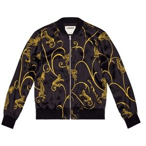 L'Agence Ollie Silk Bomber Jacket Black And Gold Tiger Motif  XS NWT $495